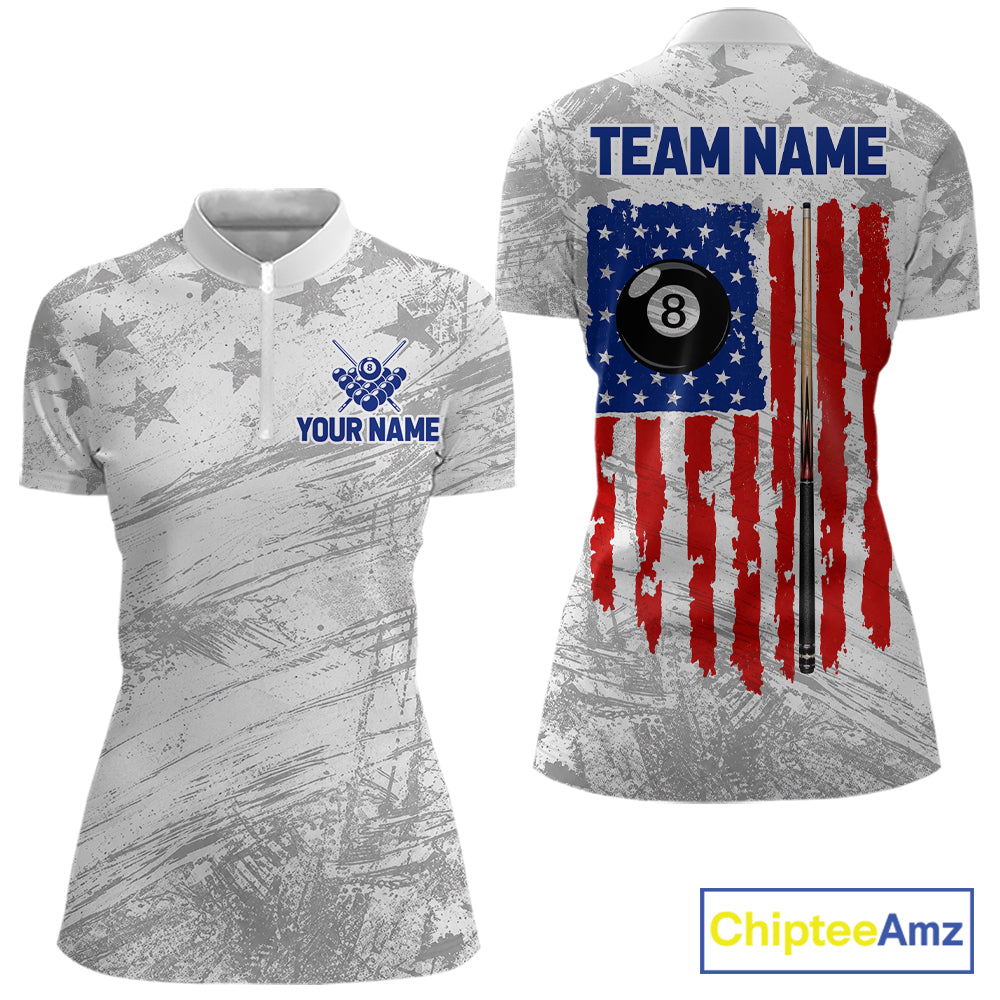 Grey Grunge US Flag Billiard Polo 1/4-Zip Shirt Custom Patriotic Billiard Team Jersey