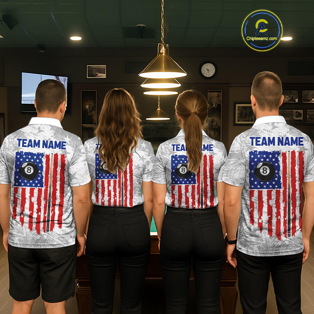 Grey Grunge US Flag Billiard Polo 1/4-Zip Shirt Custom Patriotic Billiard Team Jersey
