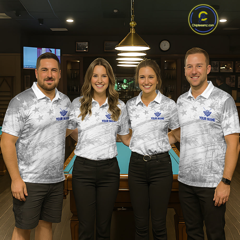 Grey Grunge US Flag Billiard Polo 1/4-Zip Shirt Custom Patriotic Billiard Team Jersey