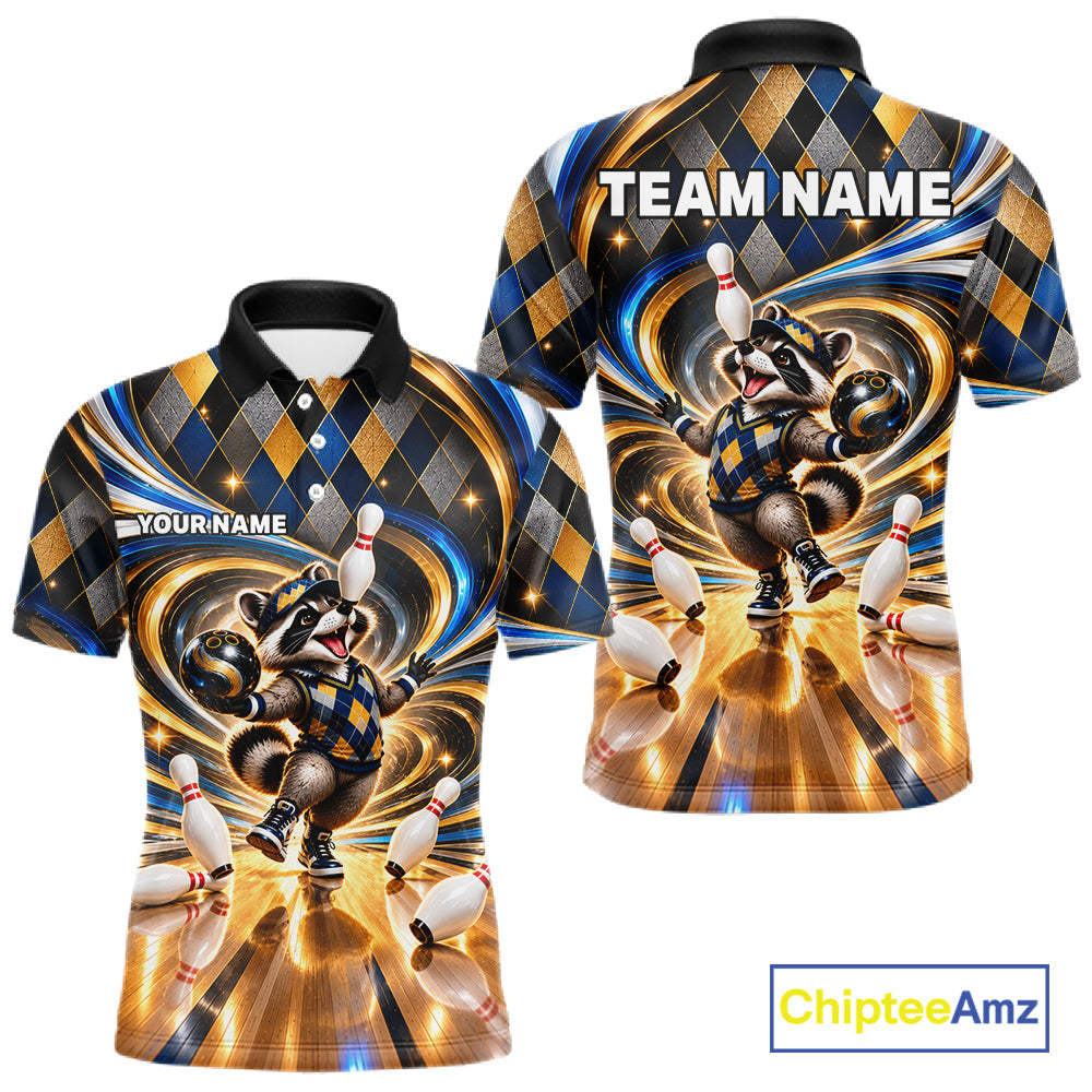 Custom Swirl Argyle Duck Bowling Polo 1/4-Zip Shirt Blue Gold Funny Bowling Team Jerseys