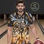Custom Swirl Argyle Duck Bowling Polo 1/4-Zip Shirt Blue Gold Funny Bowling Team Jerseys