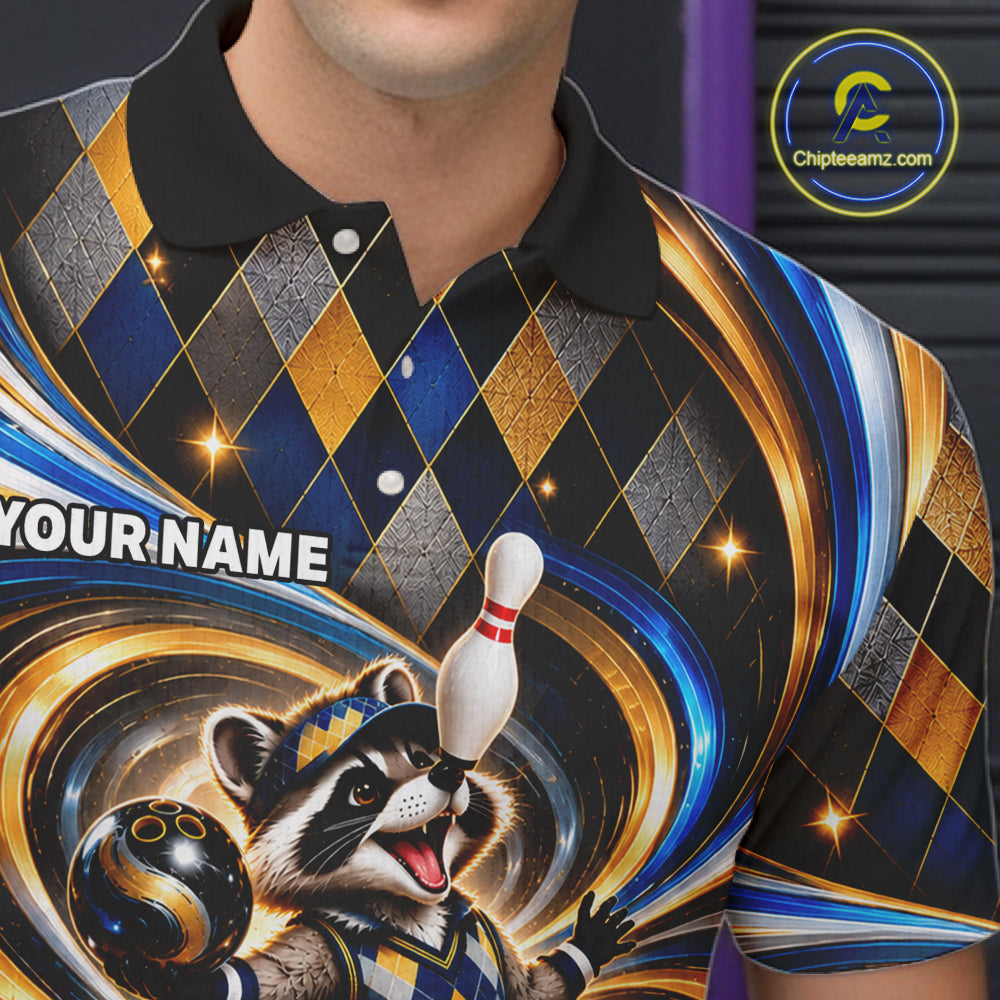 Custom Swirl Argyle Duck Bowling Polo 1/4-Zip Shirt Blue Gold Funny Bowling Team Jerseys