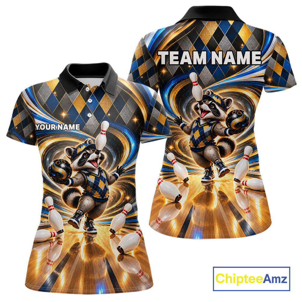 Custom Swirl Argyle Duck Bowling Polo 1/4-Zip Shirt Blue Gold Funny Bowling Team Jerseys