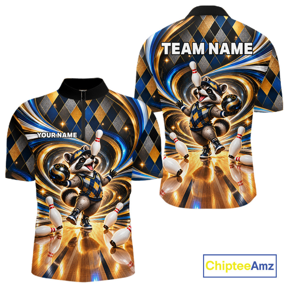 Custom Swirl Argyle Duck Bowling Polo 1/4-Zip Shirt Blue Gold Funny Bowling Team Jerseys
