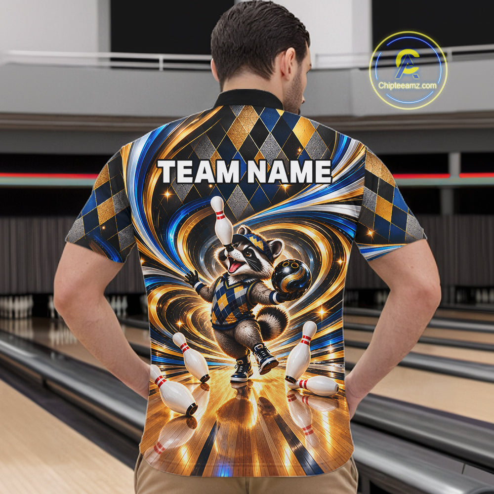 Custom Swirl Argyle Duck Bowling Polo 1/4-Zip Shirt Blue Gold Funny Bowling Team Jerseys