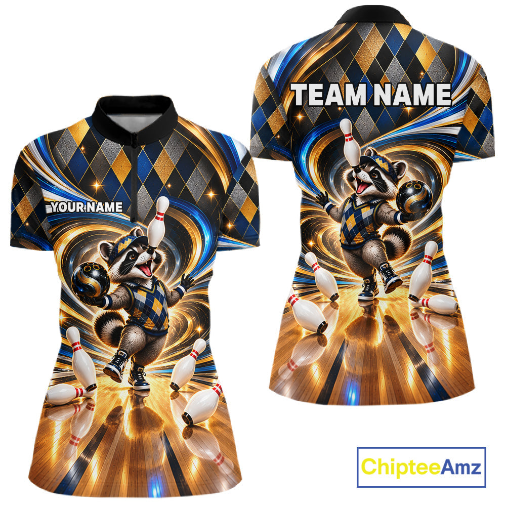 Custom Swirl Argyle Duck Bowling Polo 1/4-Zip Shirt Blue Gold Funny Bowling Team Jerseys