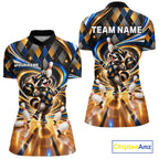 Custom Swirl Argyle Duck Bowling Polo 1/4-Zip Shirt Blue Gold Funny Bowling Team Jerseys