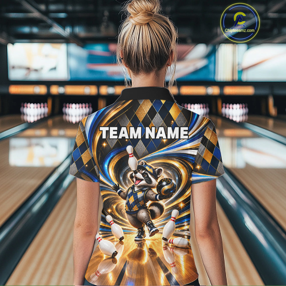 Custom Swirl Argyle Duck Bowling Polo 1/4-Zip Shirt Blue Gold Funny Bowling Team Jerseys