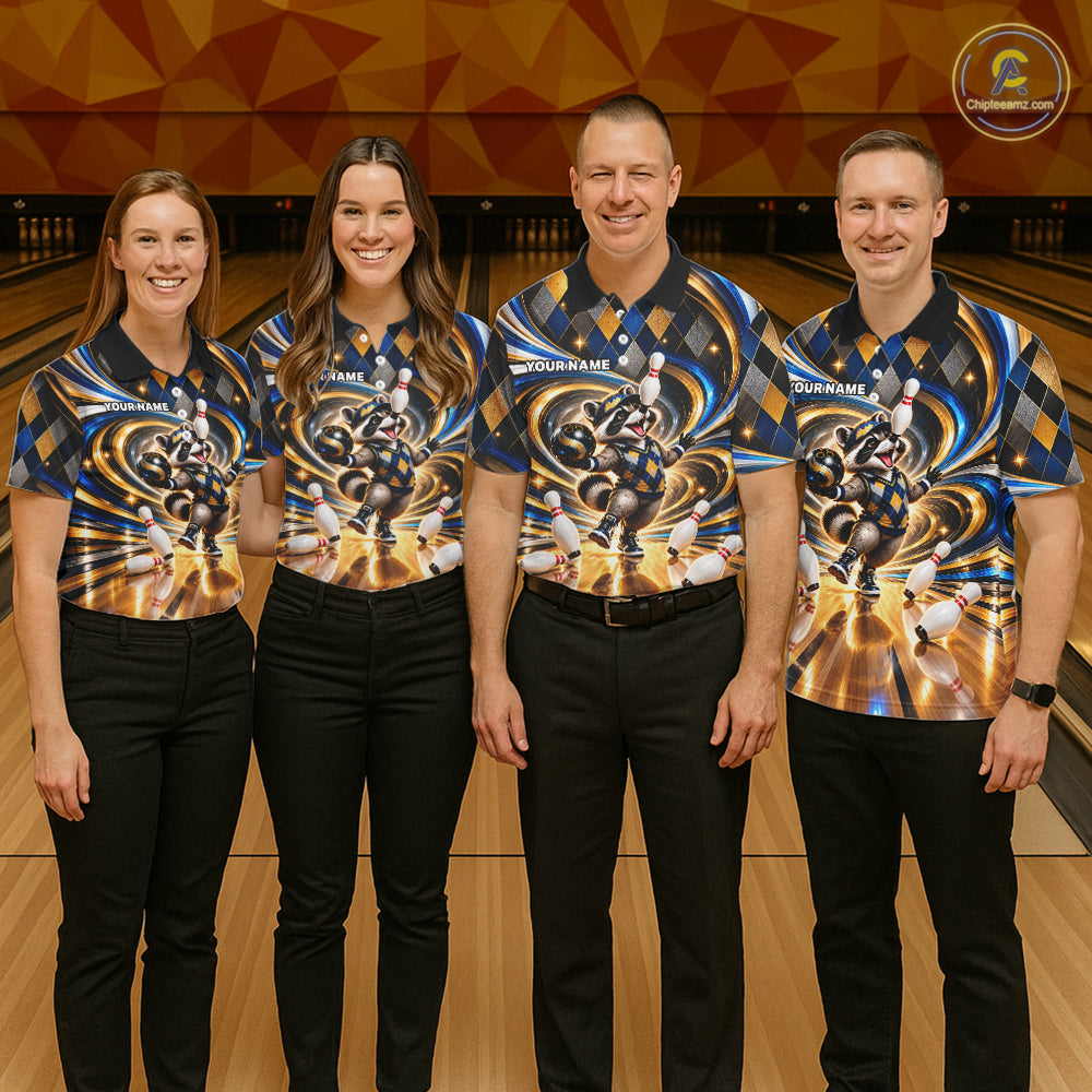 Custom Swirl Argyle Duck Bowling Polo 1/4-Zip Shirt Blue Gold Funny Bowling Team Jerseys