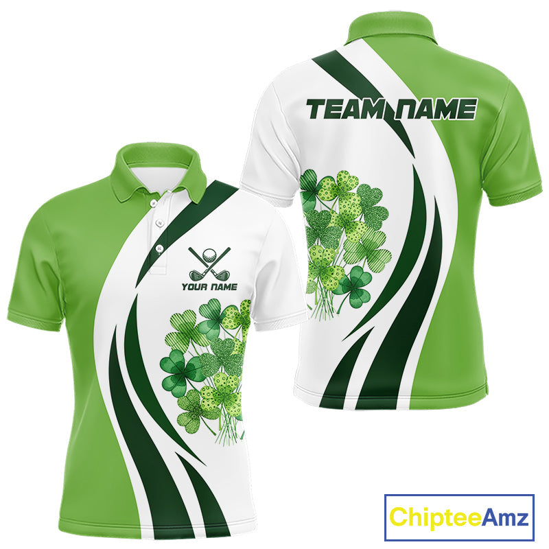 Custom White And Green Shamrock St Patrick Golf Polo Shirt Shamrock Golf Shirt