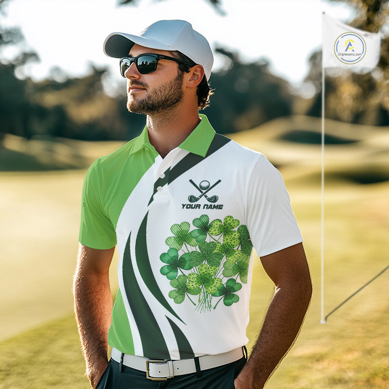 Custom White And Green Shamrock St Patrick Golf Polo Shirt Shamrock Golf Shirt