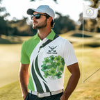 Custom White And Green Shamrock St Patrick Golf Polo Shirt Shamrock Golf Shirt