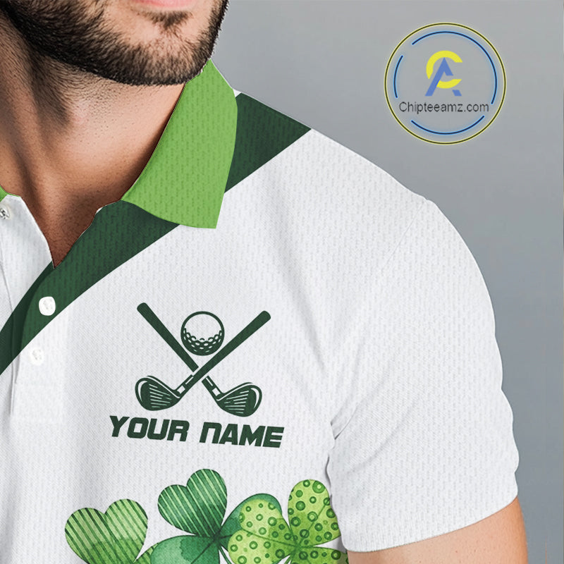 Custom White And Green Shamrock St Patrick Golf Polo Shirt Shamrock Golf Shirt