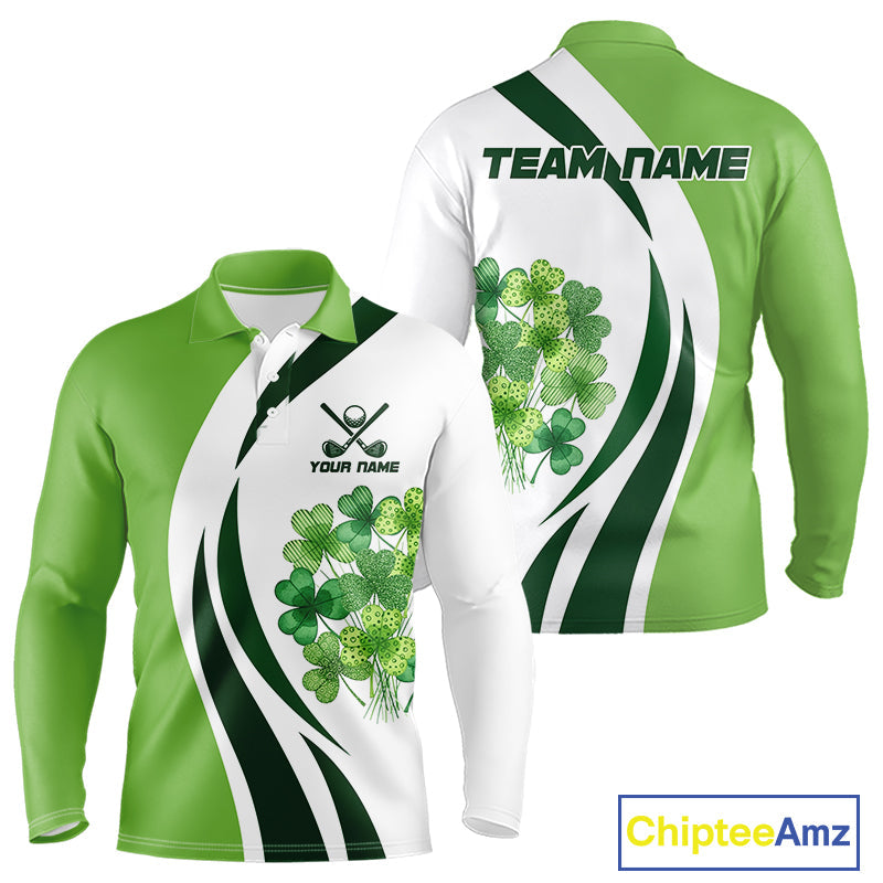 Custom White And Green Shamrock St Patrick Golf Polo Shirt Shamrock Golf Shirt