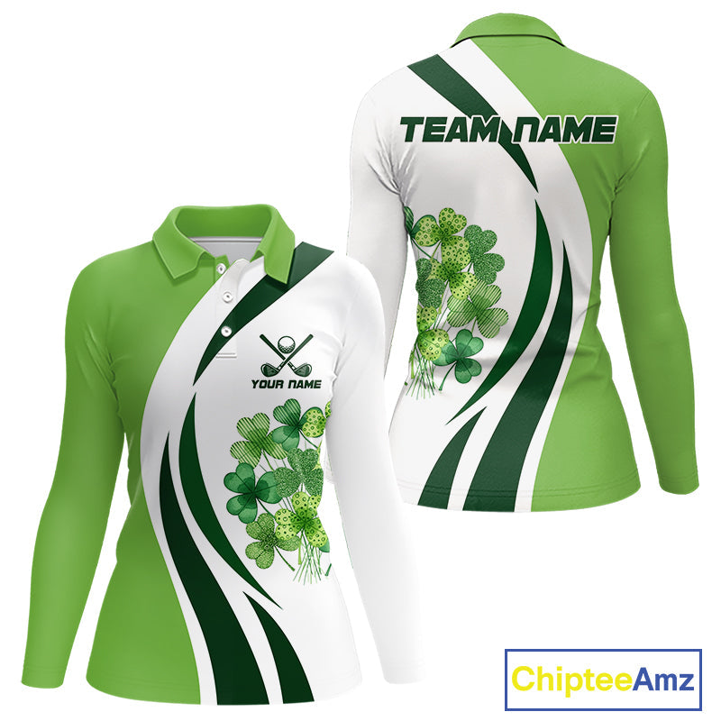 Custom White And Green Shamrock St Patrick Golf Polo Shirt Shamrock Golf Shirt