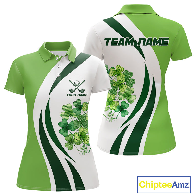 Custom White And Green Shamrock St Patrick Golf Polo Shirt Shamrock Golf Shirt