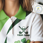 Custom White And Green Shamrock St Patrick Golf Polo Shirt Shamrock Golf Shirt