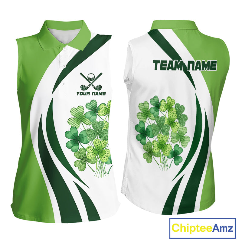 Custom White And Green Shamrock St Patrick Golf Sleeveless Polo Shirt Shamrock Golf Shirt
