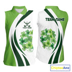 Custom White And Green Shamrock St Patrick Golf Sleeveless Polo Shirt Shamrock Golf Shirt