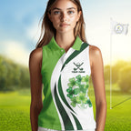Custom White And Green Shamrock St Patrick Golf Sleeveless Polo Shirt Shamrock Golf Shirt