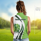 Custom White And Green Shamrock St Patrick Golf Sleeveless Polo Shirt Shamrock Golf Shirt
