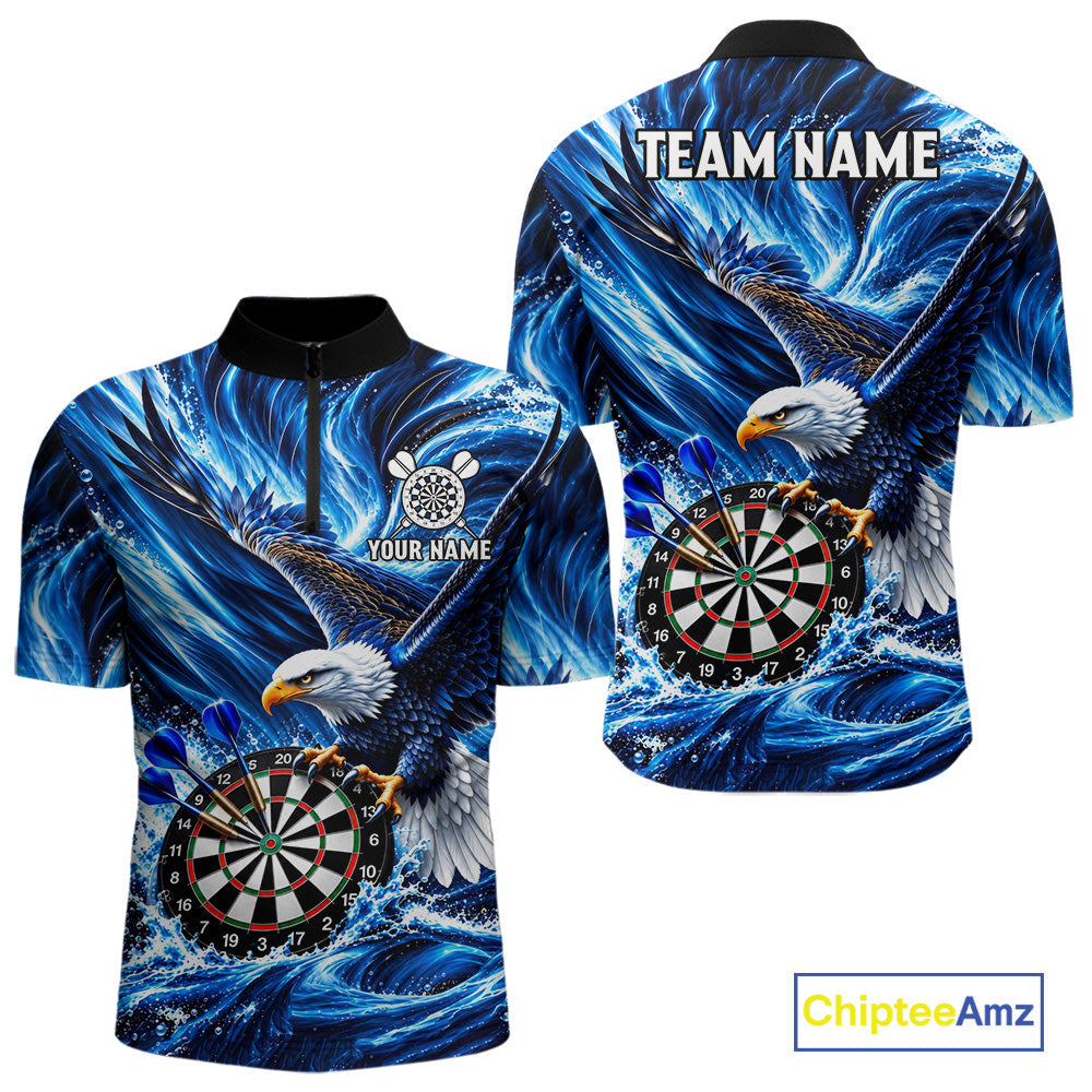 Custom Eagle Darts Polo Quarter-Zip Shirt Blue Water Splash Darts Tournament Team Shirt