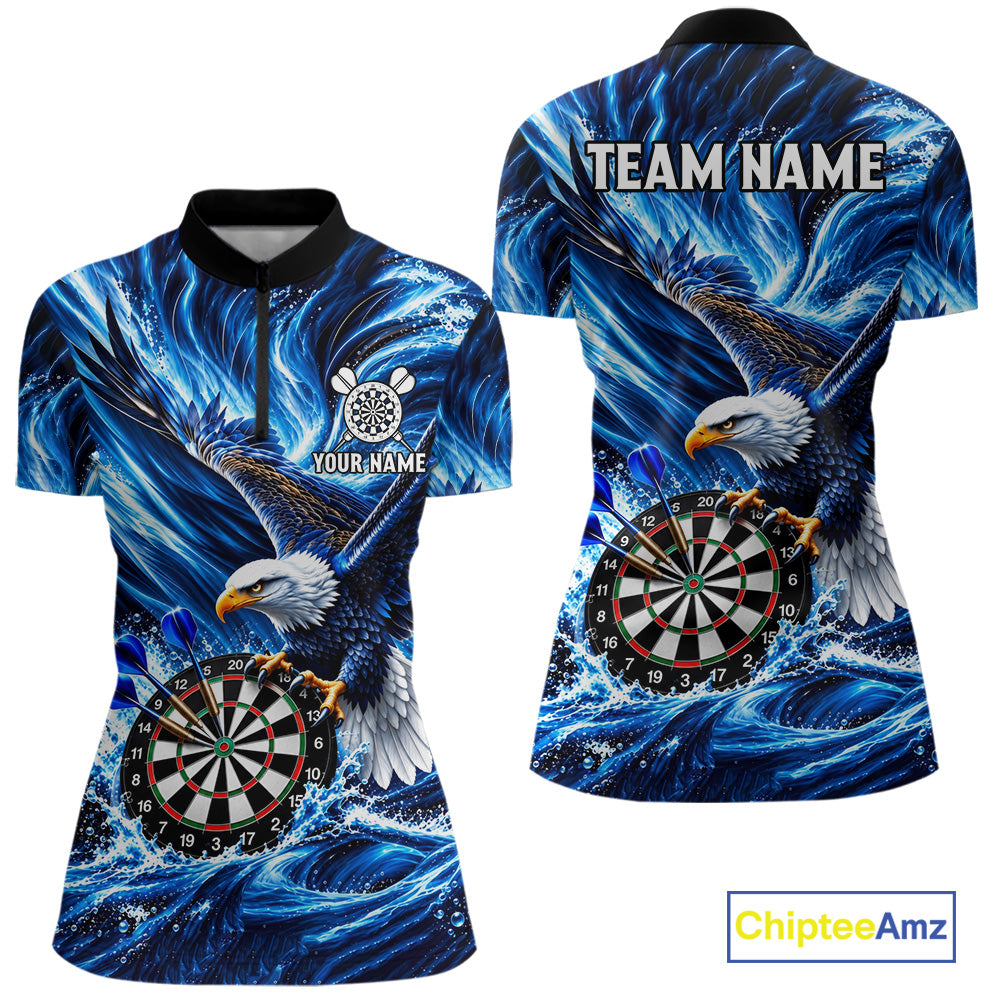 Custom Eagle Darts Polo Quarter-Zip Shirt Blue Water Splash Darts Tournament Team Shirt
