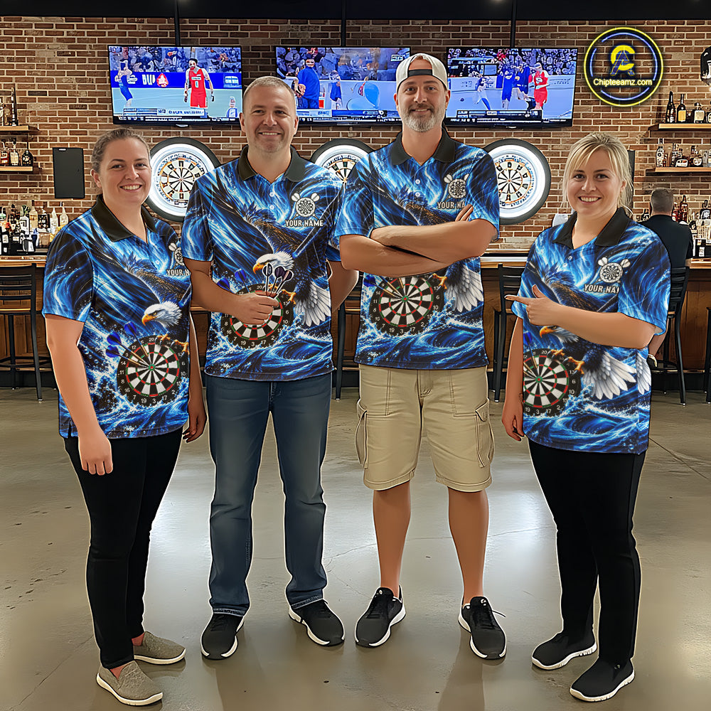 Custom Eagle Darts Polo Quarter-Zip Shirt Blue Water Splash Darts Tournament Team Shirt