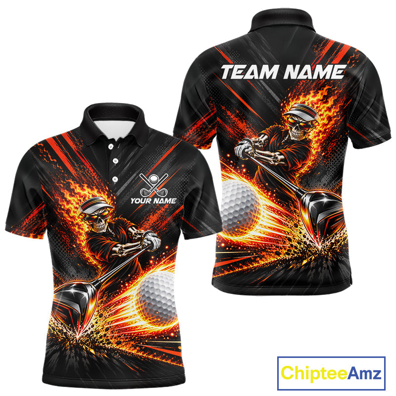 Custom Flaming Skull Golf Polo Shirt Personalized Skeleton Golf Shirt Golf Team Apparel