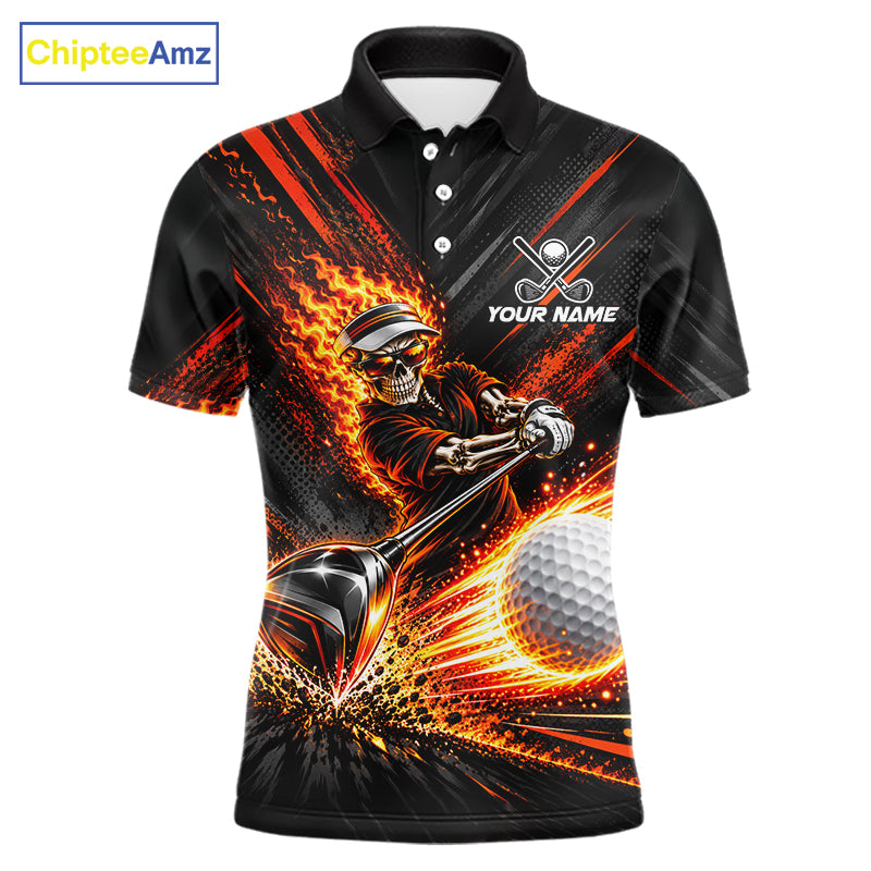 Custom Flaming Skull Golf Polo Shirt Personalized Skeleton Golf Shirt Golf Team Apparel