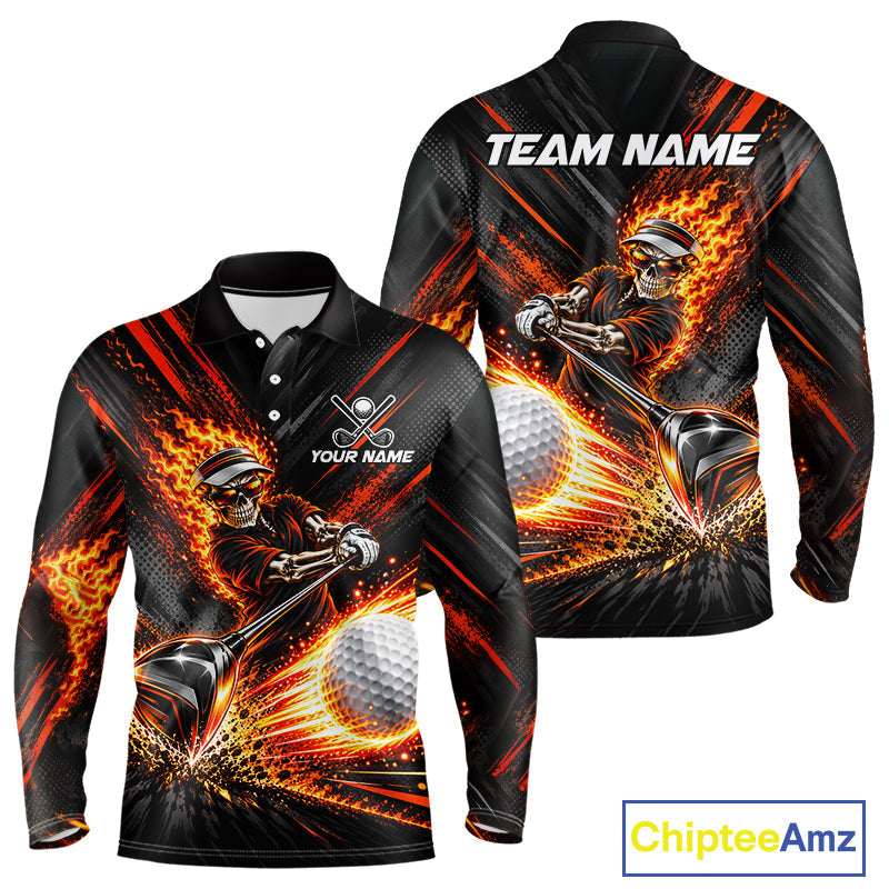 Custom Flaming Skull Golf Polo Shirt Personalized Skeleton Golf Shirt Golf Team Apparel