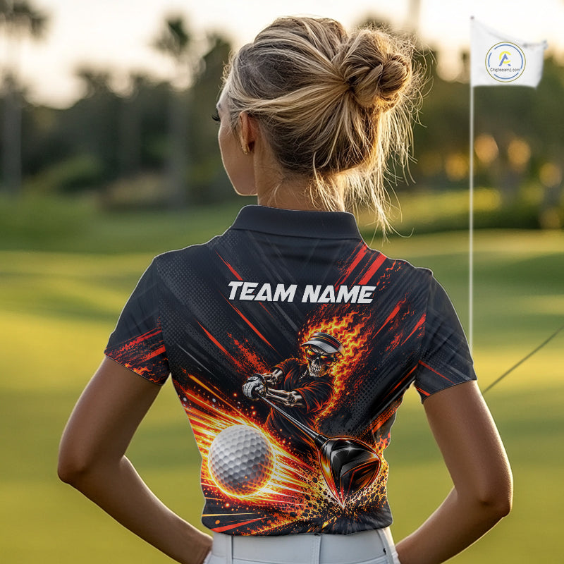 Custom Flaming Skull Golf Polo Shirt Personalized Skeleton Golf Shirt Golf Team Apparel