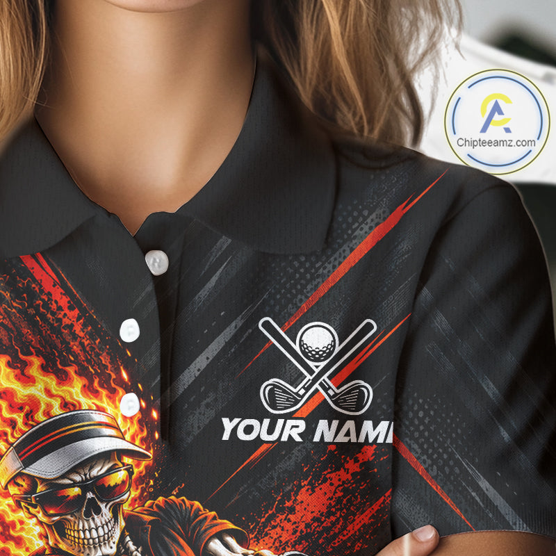 Custom Flaming Skull Golf Polo Shirt Personalized Skeleton Golf Shirt Golf Team Apparel