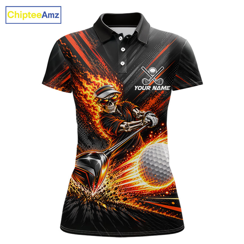 Custom Flaming Skull Golf Polo Shirt Personalized Skeleton Golf Shirt Golf Team Apparel