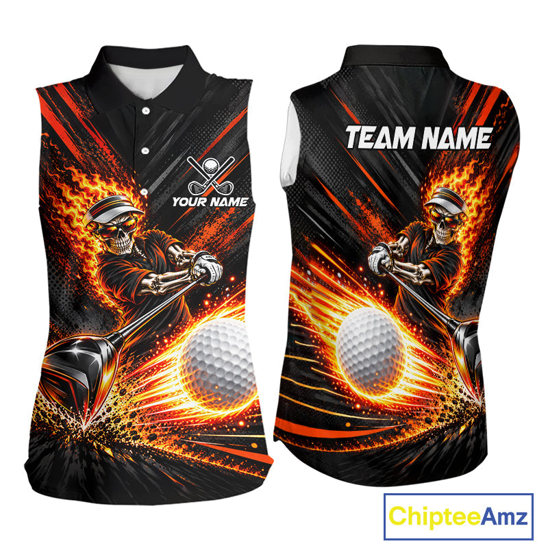 Custom Flaming Skull Golf Sleeveless Polo Shirt Personalized Skeleton Golf Shirt Golf Team Apparel