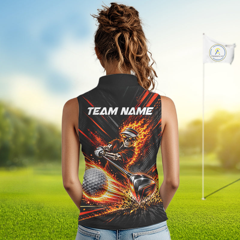 Custom Flaming Skull Golf Sleeveless Polo Shirt Personalized Skeleton Golf Shirt Golf Team Apparel