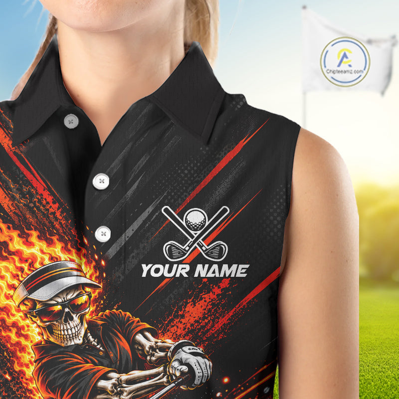 Custom Flaming Skull Golf Sleeveless Polo Shirt Personalized Skeleton Golf Shirt Golf Team Apparel