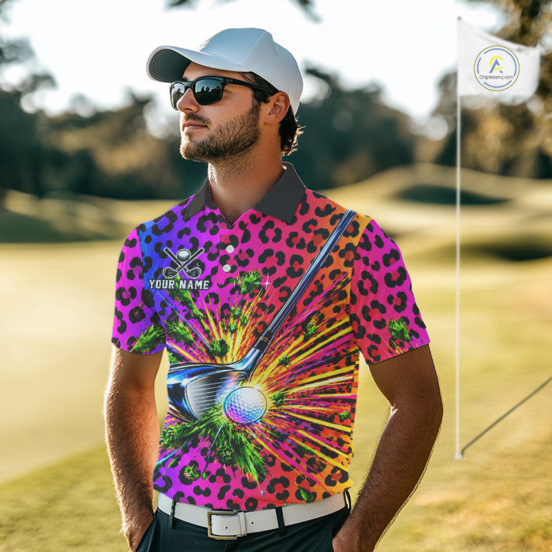 Personalized Rainbow Leopard Golf Polo Shirt Custom Colorful Golf Club Golf Team Jersey