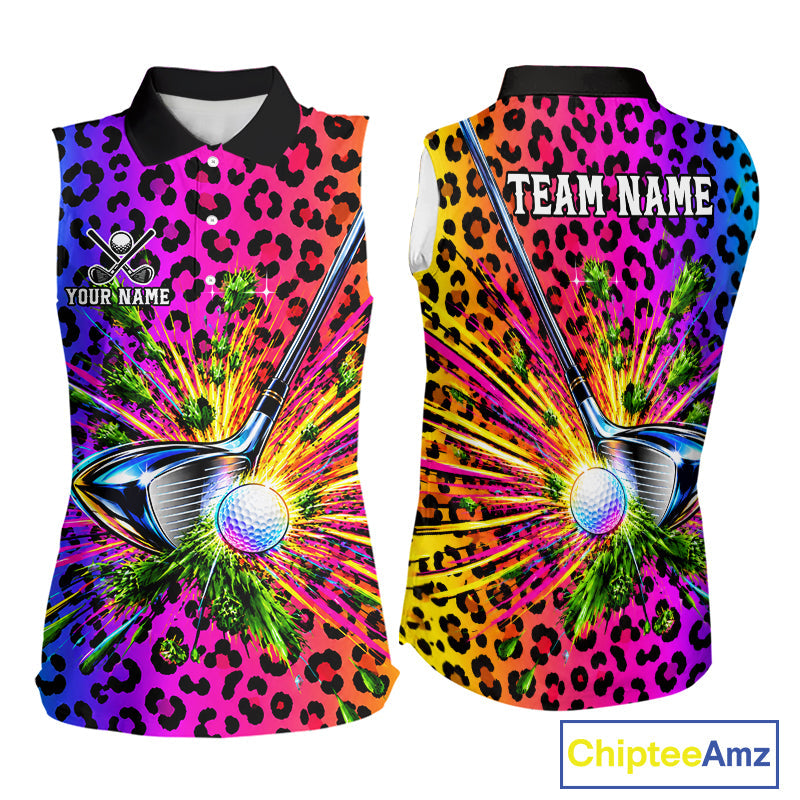 Personalized Rainbow Leopard Golf Sleeveless Polo Shirt Colorful Golf Club Golf Team Jersey