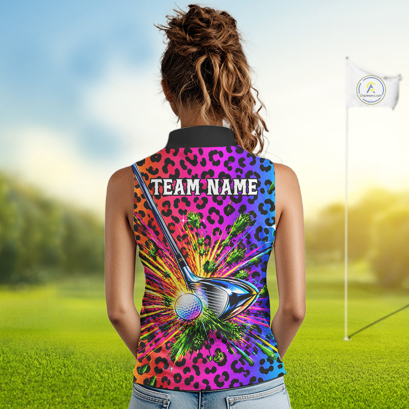 Personalized Rainbow Leopard Golf Sleeveless Polo Shirt Colorful Golf Club Golf Team Jersey