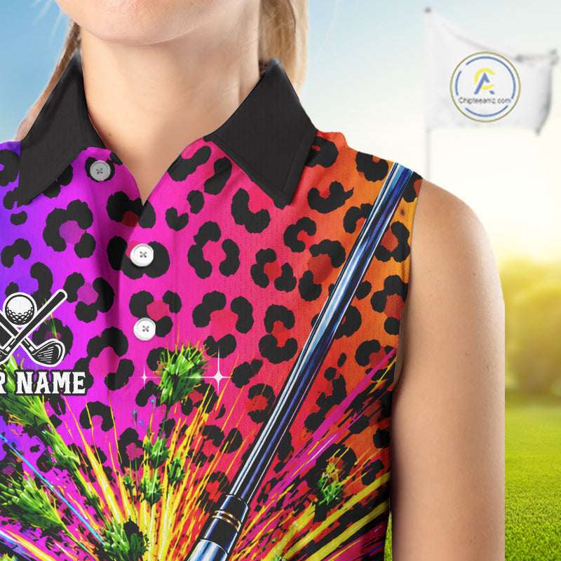 Personalized Rainbow Leopard Golf Sleeveless Polo Shirt Colorful Golf Club Golf Team Jersey