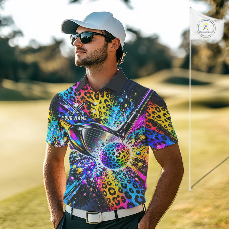 Grunge Rainbow Leopard Golf Polo Shirt Custom Colorful Golf Team Apparel Gift