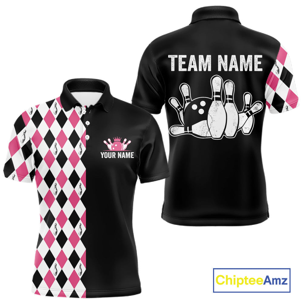 Custom Pink Argyle Bowling Polo 1/4-Zip Shirt Argyle Bowling Tournament Team Jersey