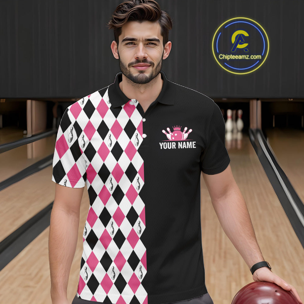 Custom Pink Argyle Bowling Polo 1/4-Zip Shirt Argyle Bowling Tournament Team Jersey