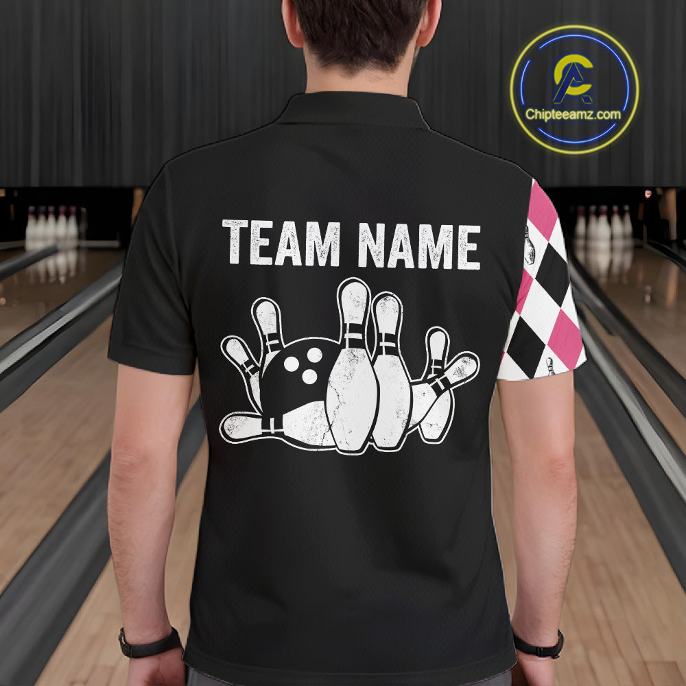 Custom Pink Argyle Bowling Polo 1/4-Zip Shirt Argyle Bowling Tournament Team Jersey