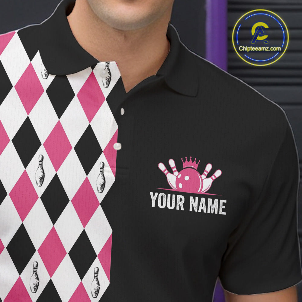 Custom Pink Argyle Bowling Polo 1/4-Zip Shirt Argyle Bowling Tournament Team Jersey