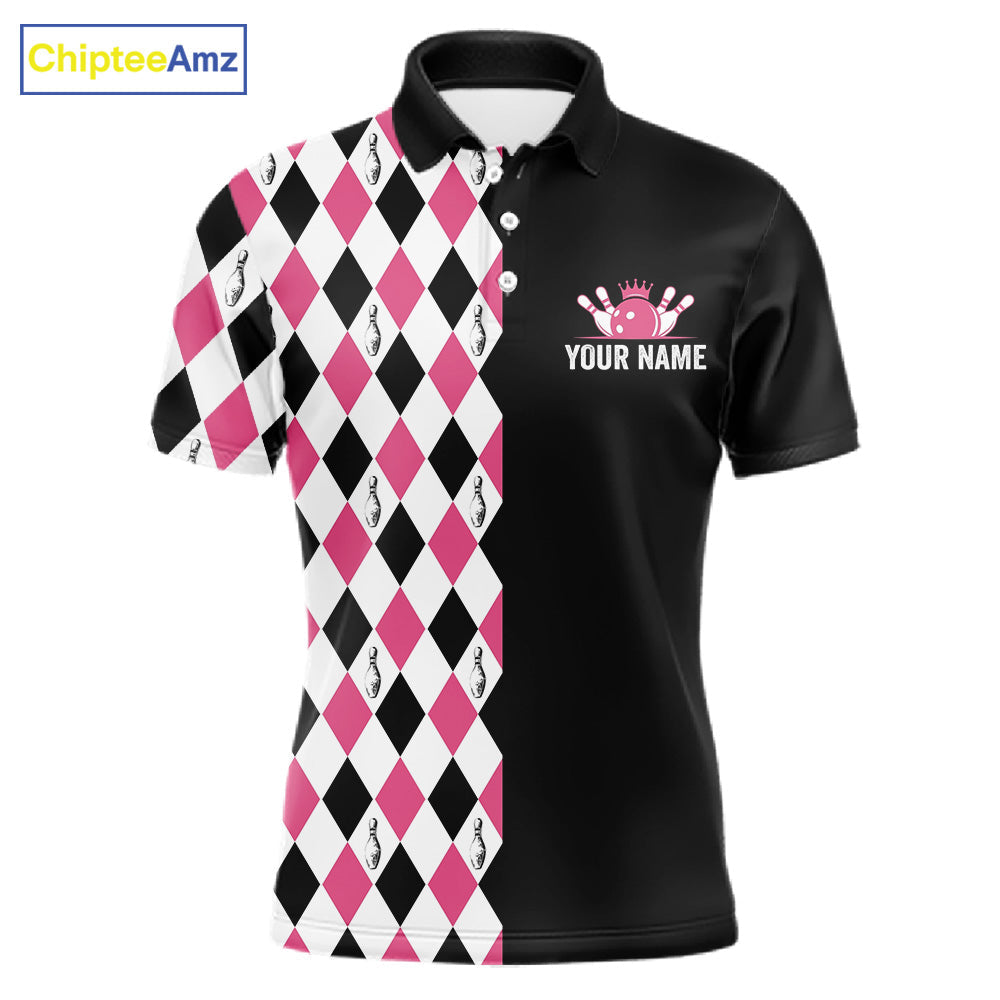 Custom Pink Argyle Bowling Polo 1/4-Zip Shirt Argyle Bowling Tournament Team Jersey