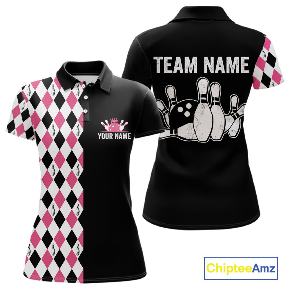 Custom Pink Argyle Bowling Polo 1/4-Zip Shirt Argyle Bowling Tournament Team Jersey
