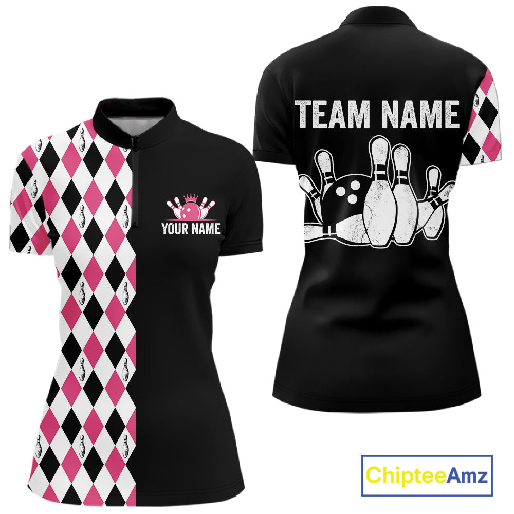 Custom Pink Argyle Bowling Polo 1/4-Zip Shirt Argyle Bowling Tournament Team Jersey