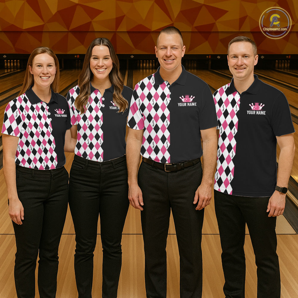 Custom Pink Argyle Bowling Polo 1/4-Zip Shirt Argyle Bowling Tournament Team Jersey